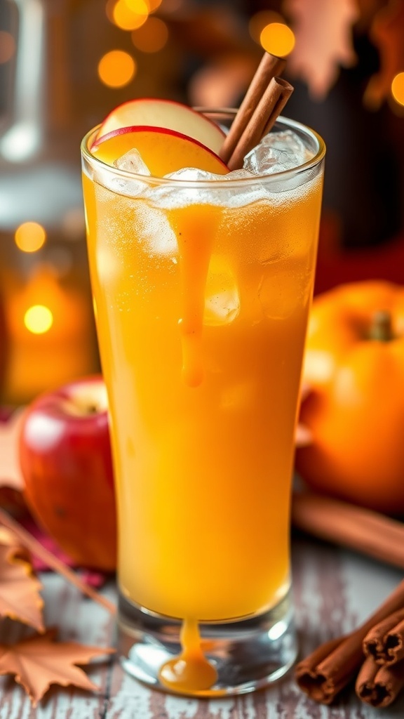 A glass of Caramel Apple Sparkler with caramel drizzle, apple slices, and a cinnamon stick, surrounded by autumn decor.